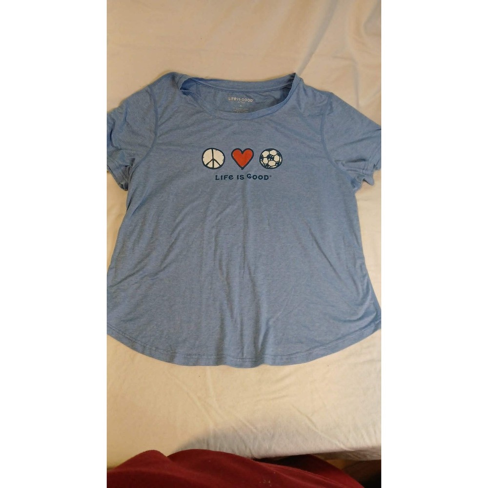 Life Is Good Active Womens XL Blue Love Soccer Peace Heart Athletic T-Shirt